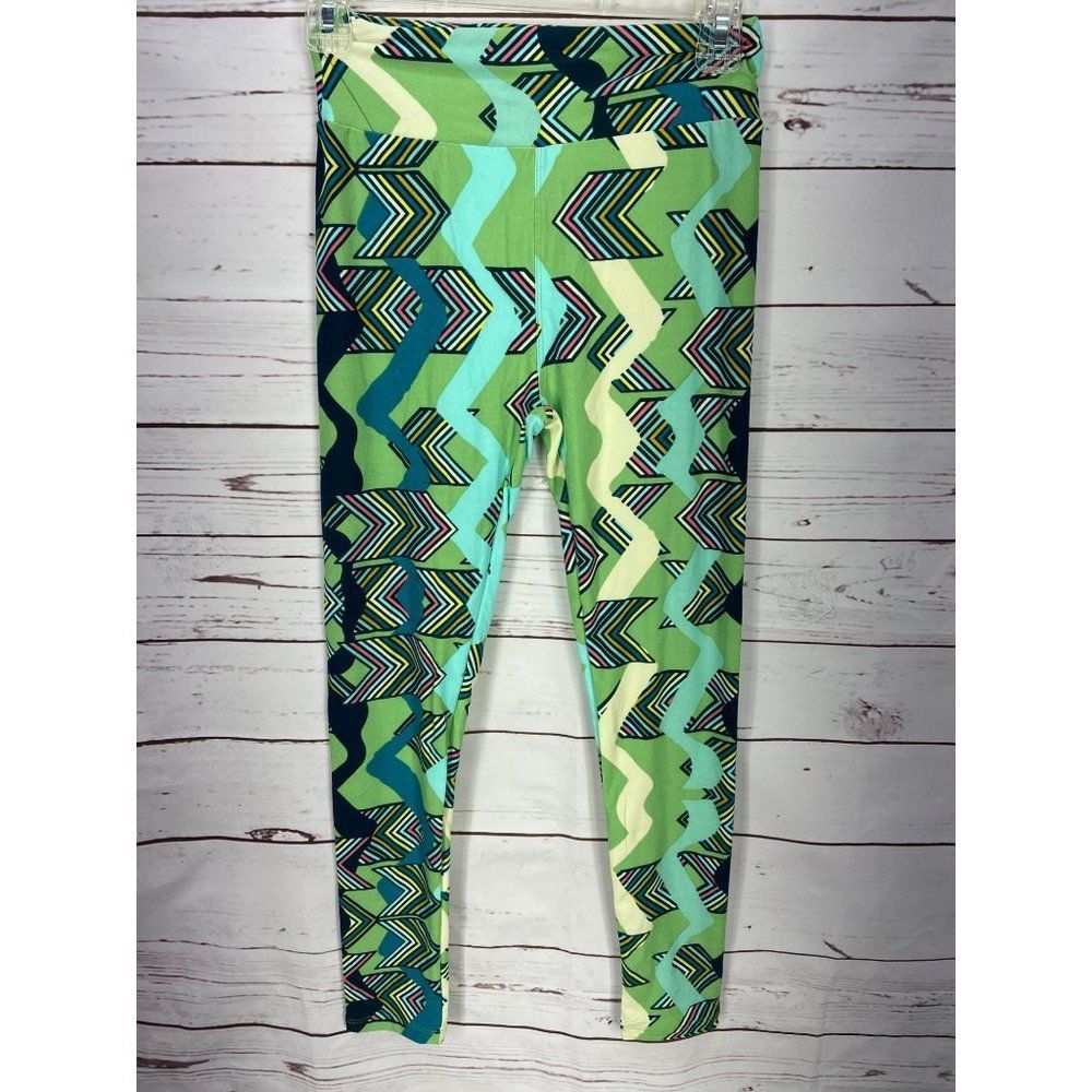 LuLaRoe One Size Green Black Abstract‎ Leggings Pull On Wide Waistband